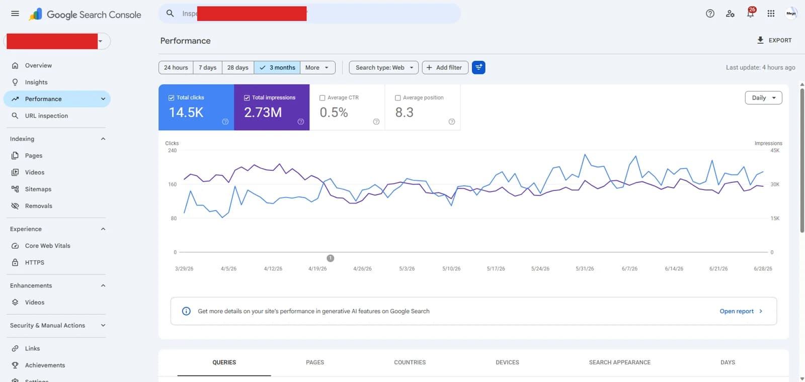 Google Search Console performance - home services client