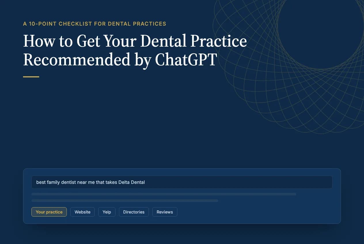 A patient's ChatGPT question about a family dentist that takes Delta Dental, answered from the practice's website, Yelp, directories and reviews