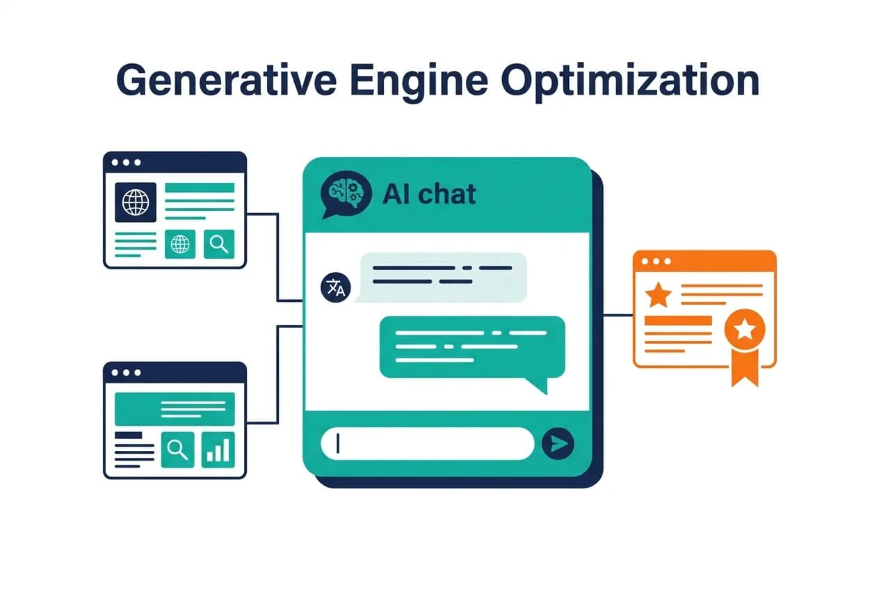 Generative engine optimization: web pages feeding an AI chat answer that cites a trusted source