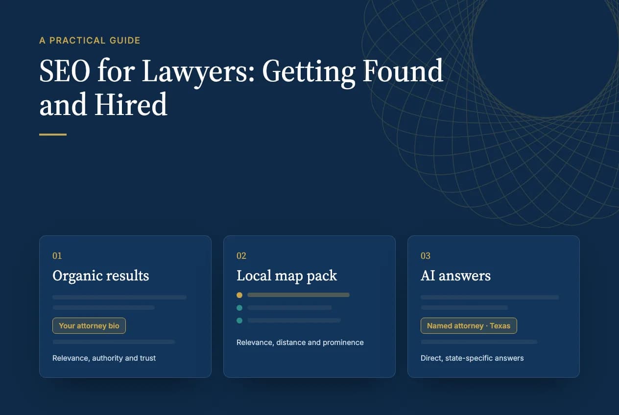 SEO for lawyers: the three places clients find an attorney, organic results, the local map pack and AI answers